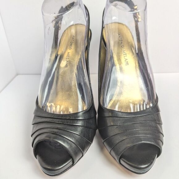 Antonio Melani Pleated Black Leather Peep Toe Slingback Heels Womens 9 - Picture 4 of 9